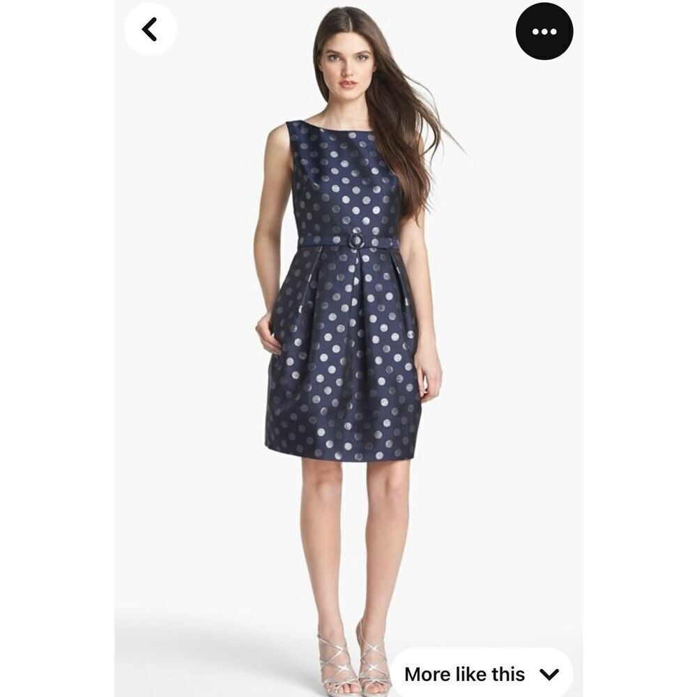 Eliza J navy x silver polka dot cocktail dress size 4 with matching belt EUC par